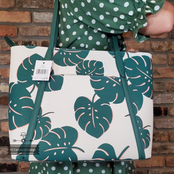 NWT Kate Spade AUTHENTIC Cara Monstera Leaves Large Tote Cream Multi Green Leaf - Picture 5 of 5
